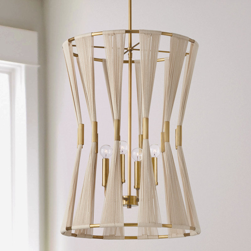 Luminaire suspendu tambour à 4 lumières Gearalt, Corde naturelle blanchie / laiton patiné