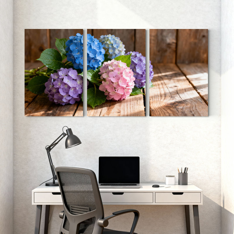 Fleurs d'hortensia, art mural sur toile tendue, ensemble floral (ensemble de 3), H 18 po x l 36 po