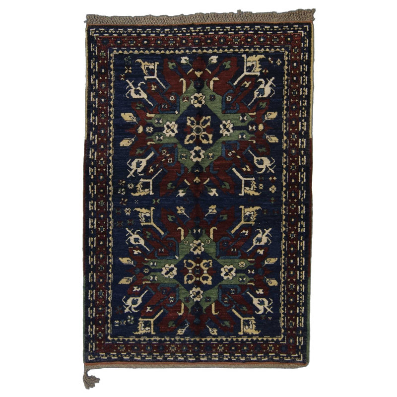 Kazak Wool Oriental Area Rug in Blue/Red, Rectangle 5' x 7'