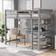Lit mezzanine de rangement simple gris doux avec structure en pin massif compact et tablettes multifonctionnelles intégrées pour les petites chambres