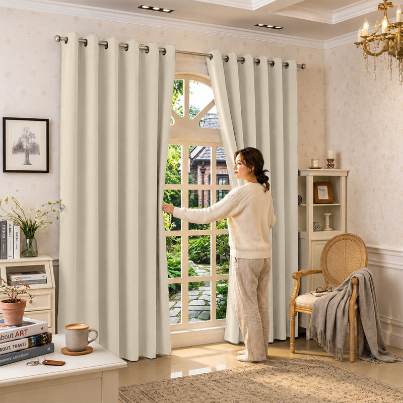 100 % Polyester Blackout Eyelet Room Darkening  Thermal Curtain (Set of 2), Cream, 168 cm Width x 183 cm Drop