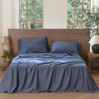 MooMee Flat Sheet 100% Washed Cotton Linen Like Textured Breathable Lightweight