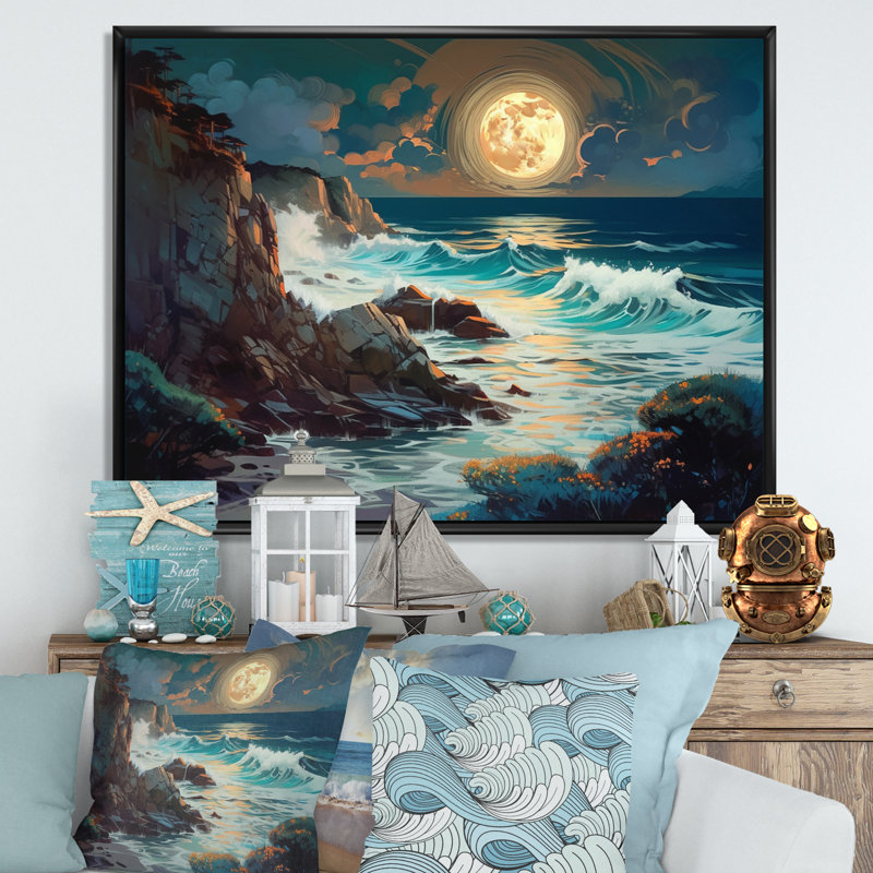 Impression sur toile Golden Blue Majestic Waves I, H 12 po x l 20 po x P 1 po, Cadre flottant noir