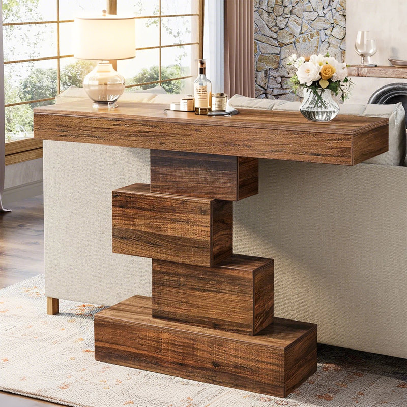 42.5" Console Table, Wood Sofa Table Accent Table with Geometric Base, Rustic Brown