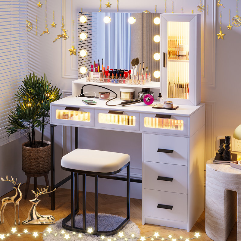 Dressing Table with Lighted Mirror, Stool, Power Outlet, 6 Drawers & Storage Cabinet, White
