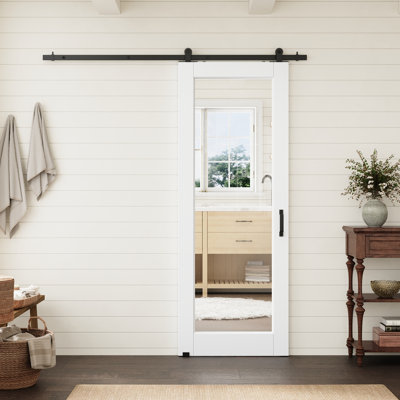 28“x80" 1-Lite Clear Glass Prefinished Standard Slab Door With Top Mounted Black Barn Door Hardware Kit For Pantry,Closet