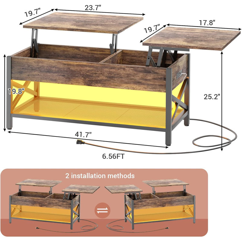 Coffee Table, Lift Top Coffee Table With Storage, LED Light & Power Outlet And Hidden Compartment, Retro Centre Table For Living Room, X Support Wood Tabletop, Metal Frame, Rustic Brown