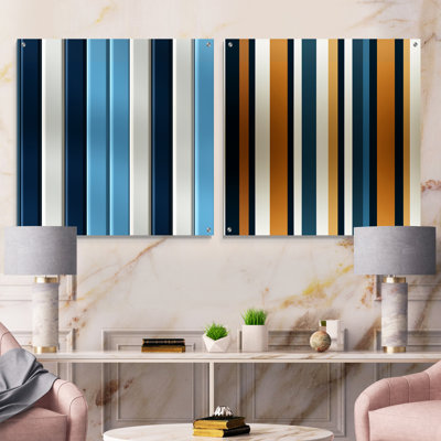 Elegant Blue And White  Striped Pattern - Abstract Shapes Acrylic Wall Art Glass Set Of 2