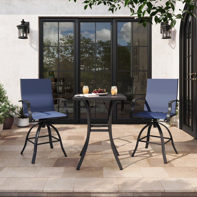 Patio Bar Dining Set With Square Bar Table And Armrest Bar Height Chairs (Set Of 3), Blue/Black