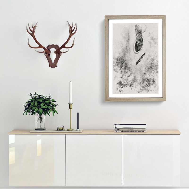 Cracked Acoustic Guitar Watercolour - Framed Print, 87cm H x 62cm W x 2cm D, Oak Framed