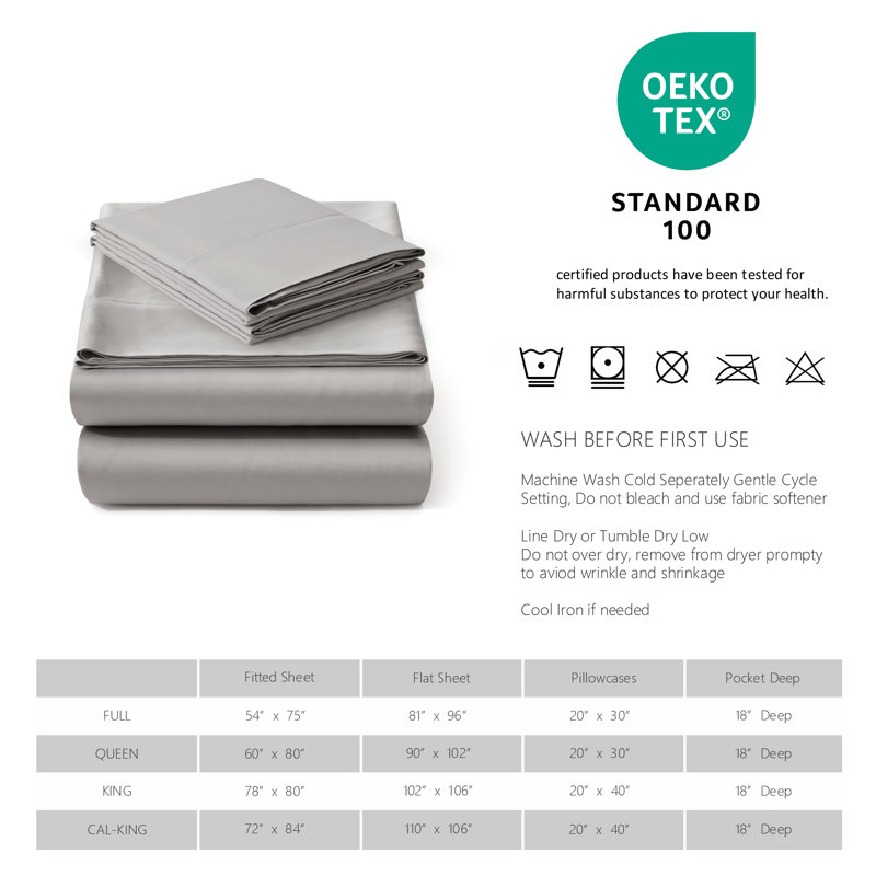 Sateen Sheet Set, California King Sheet Set with 2 King Pillowcases, Grey