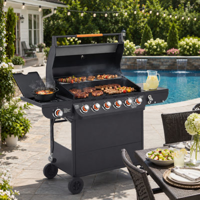 Freestanding Propane Gas Grill with 6 Main Burners, Side Burner and Rolling Cart Design