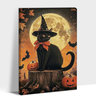 Halloween Wall Art Framed - Vintage Witch Cat And Jack-O'-Lantern Halloween Pictures Wall Decor, Spooky Black Cat Wall Art For Home Decor Wrapped Canvas Print Ready To Hang 24×36 Inches