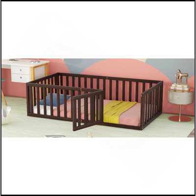 Twin Size Wood Floor Bed Frame With Fence And Door