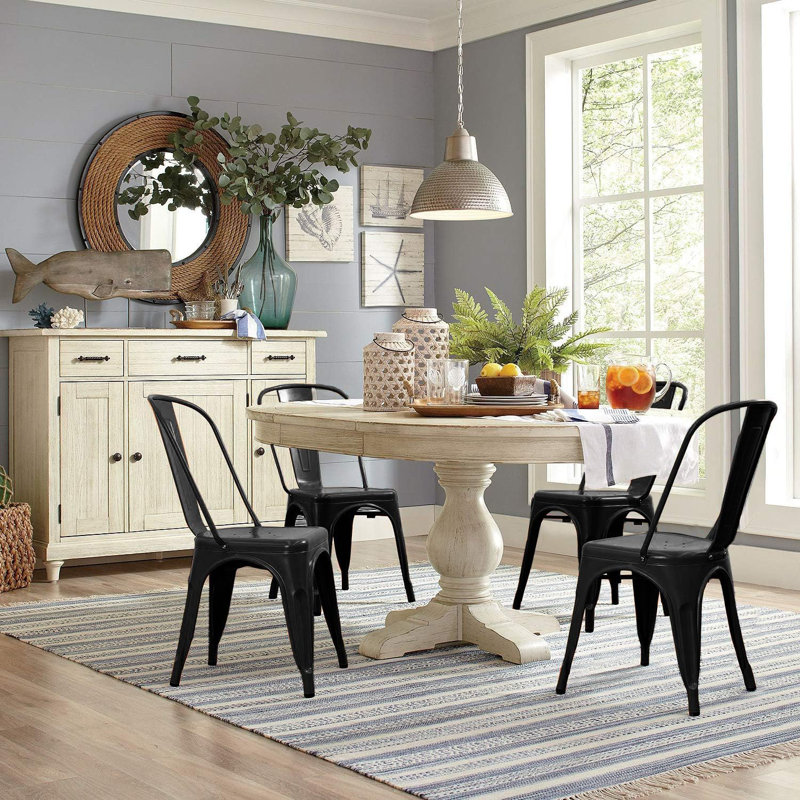 Metal Indoor-Outdoor Chairs Distressed Style Kitchen Dining Chairs Stackable Side Chairs With Back Set Of 4, Black