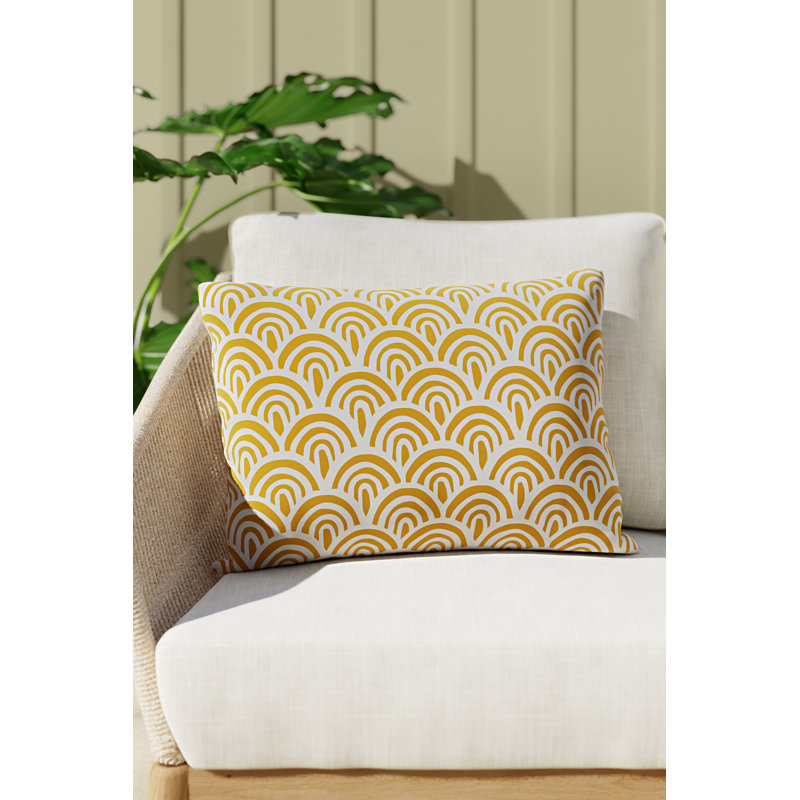 Abstract Outdoor Throw Pillow, White/Lemon, Polyester