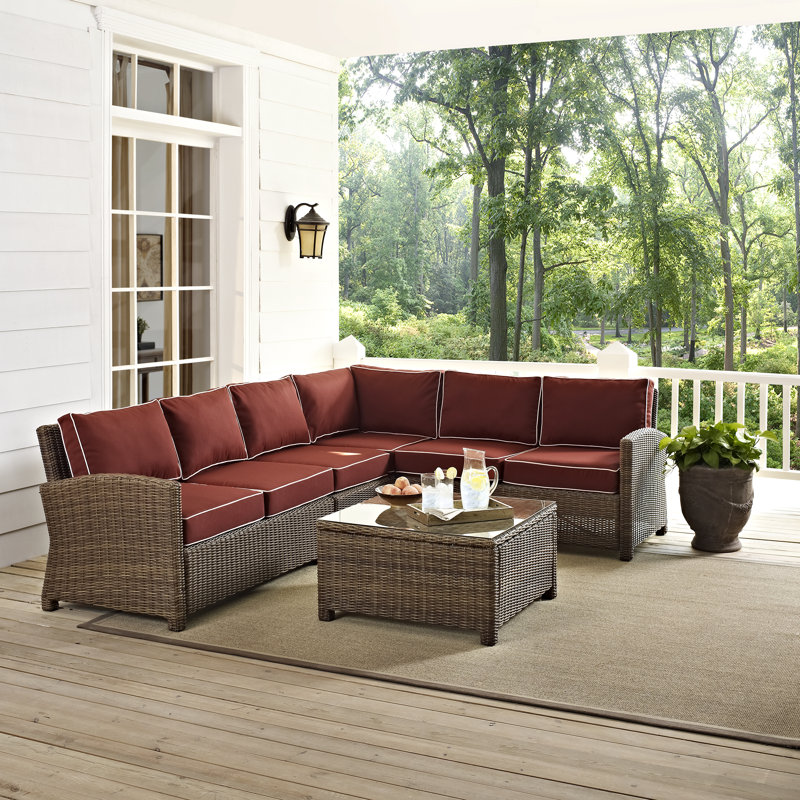 Leandra 6 - Person Patio Conversation Set with Cushions, Brown Frame/Sangria Cushion