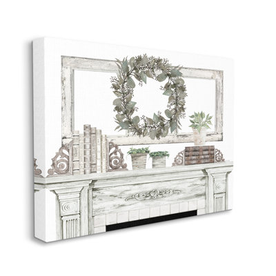 " Festive Wreath Cozy Fireplace Mantel Rustic Design " by Cindy Jacobs