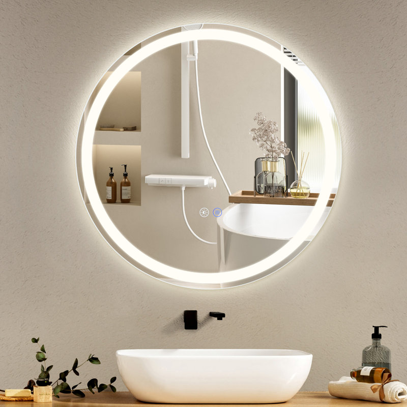 Citlally Circle Lighted Aluminium Framed Wall Accent Mirror in Silver, 50 cm x 50 cm
