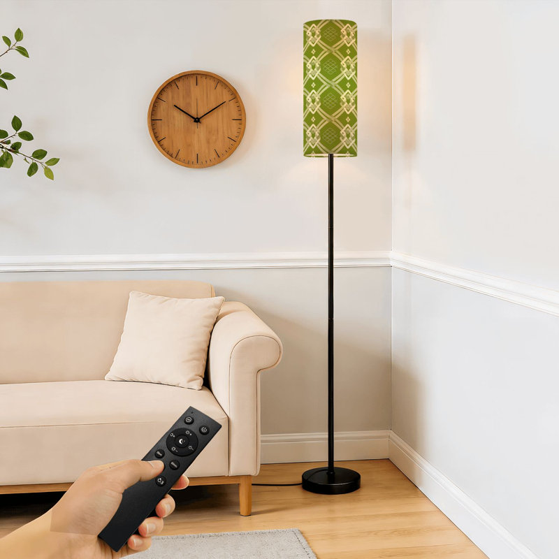PeeNoke 68.5" Standing Floor Lamp Elegant sage green cream plaid for textile design Dimmable Metal Pole Lamp with Linen Lampshade LED Bulb Included