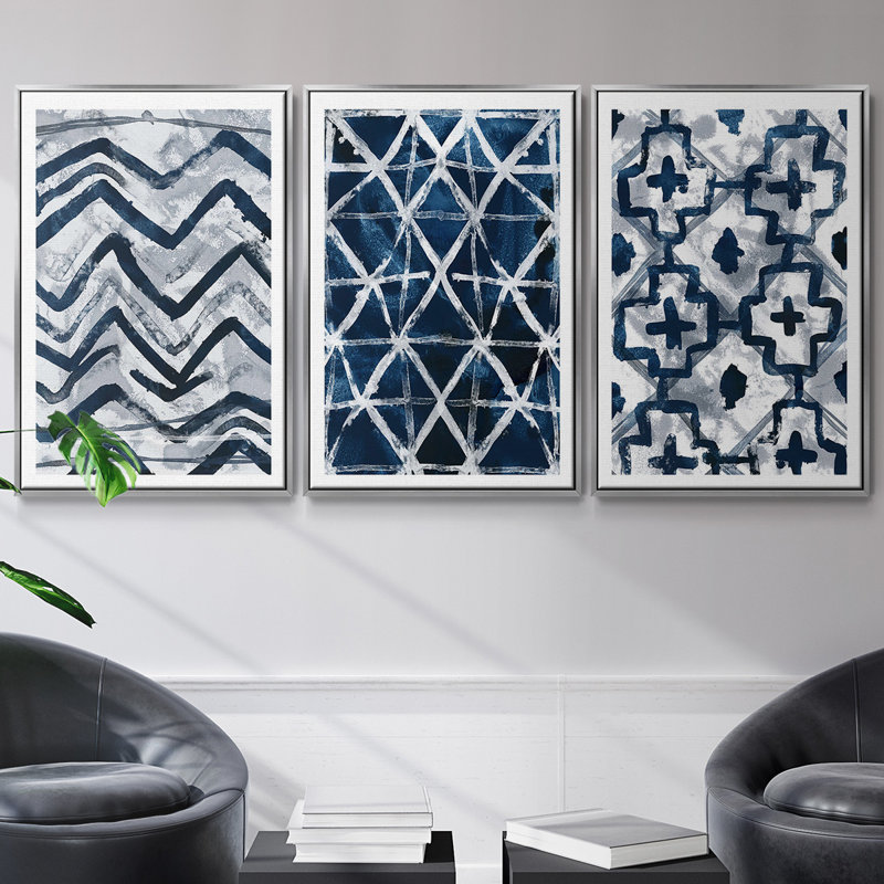 Indigo Memory IV, ensemble de 3 toiles encadrées, H 36 po x l 72 po, Encadrement argenté