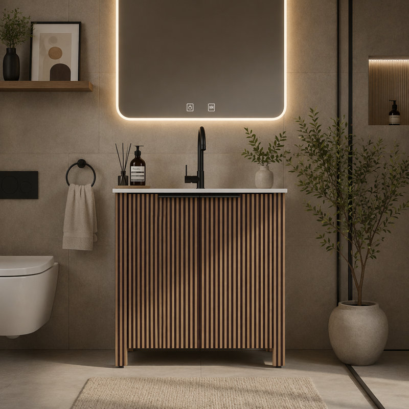 Armoire de salle de bain brune sur pied, avec lavabo en céramique blanche, installation en 1 minute, pliable et facile à transporter