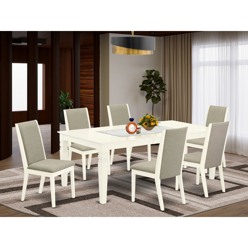 Ensemble de salle à manger 7 pièces composé d'une table de salle à manger rectangulaire avec feuille papillon et 6 chaises rembourrées en tissu Shitake, lin blanc