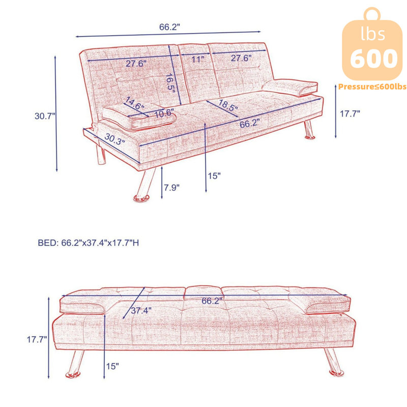 66.2'' Pillow Top Arm Sofa Bed, Red