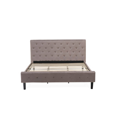 3 Piece King Bed Set - Button Tufted Modern Bed Frame - Brown Taupe Velvet Fabric Upholstered Headboard and a Distressed Jacobean Finish Nightstand