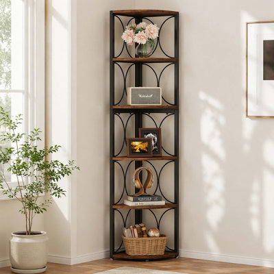 6-Tier Triangular Corner Open Storage Shelf, Circular Hollow Metal Frame Thick Particle Board Freestanding Vertical Display Rack