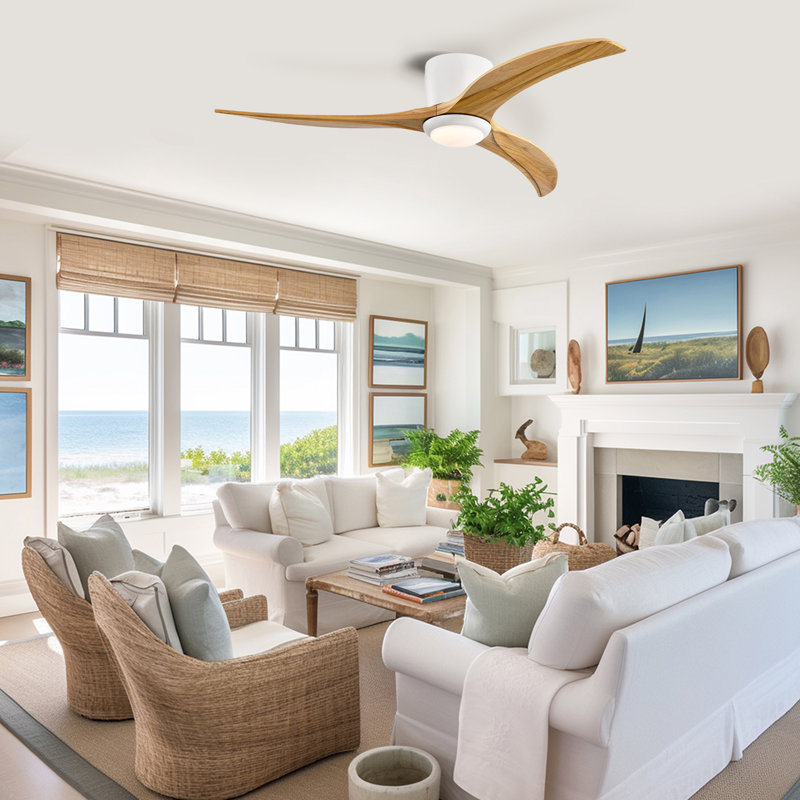 Parzy 52.04" Flush Mount Ceiling Fan Solid Wood Blades Ceiling Fan With Light With Remote Control, Natural, White