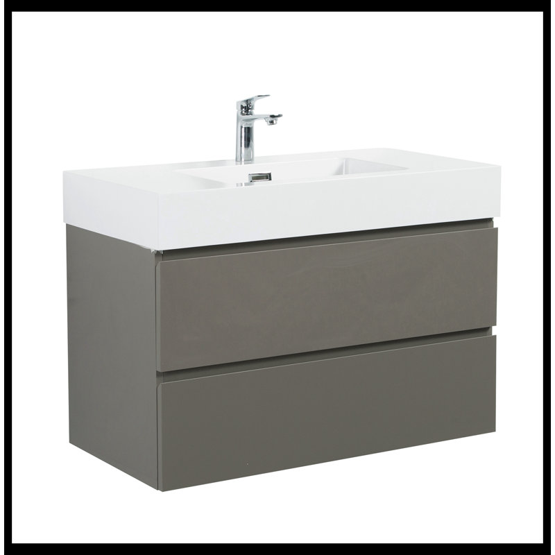 Meuble-lavabo de salle de bain avec lavabo, grand meuble-lavabo flottant mural, Blanc, Gris