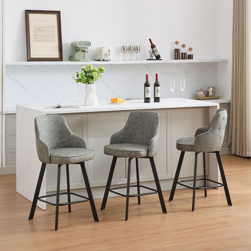 Tabouret de comptoir pivotant rembourré en cuir avec dossier haut (ensemble de 3), Gris, 3