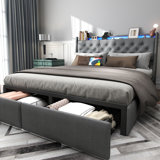 Upholstered LED Bed Frame With Storage Headboard Charging Station 2 Drawers Gray