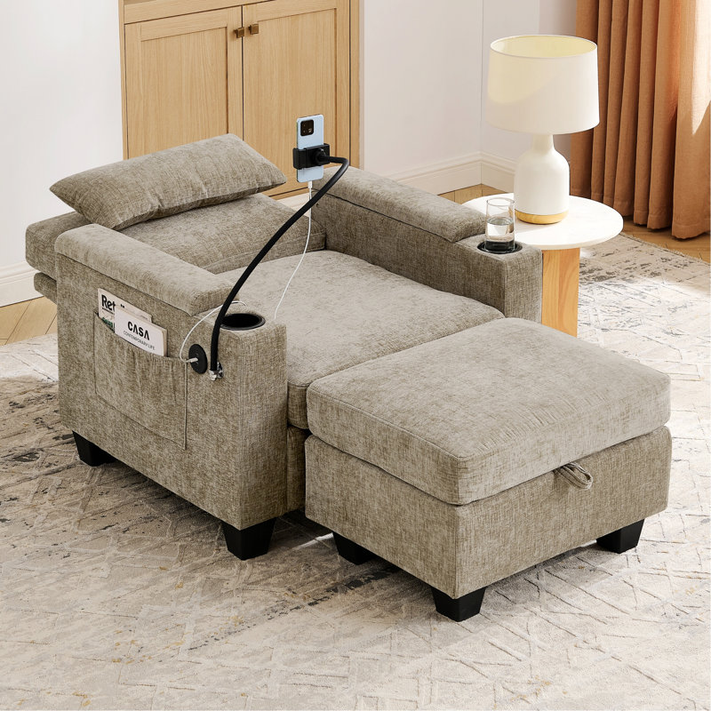 Chaise d'appoint avec dossier réglable manuellement, port de charge USB, support pour téléphone, Brun