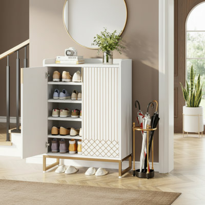 Armoire à chaussures blanche à 5 niveaux avec portes, adaptée à divers environnements, y compris le vestibule, le salon et la chambre à coucher. Peut contenir jusqu'à 25 paires de chaussures. Un étagère à chaussures moderne et minimaliste.