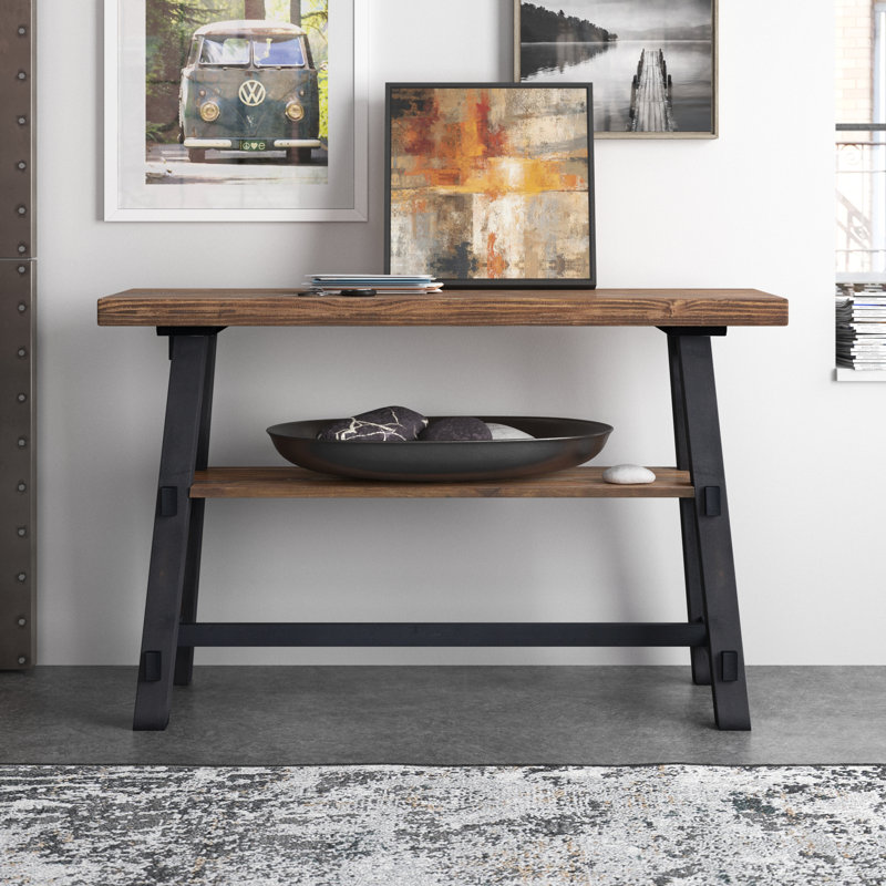 Adam 48" Wide Rustic Industrial Solid Wood Rectangular Sofa TV Console Table With Shelf