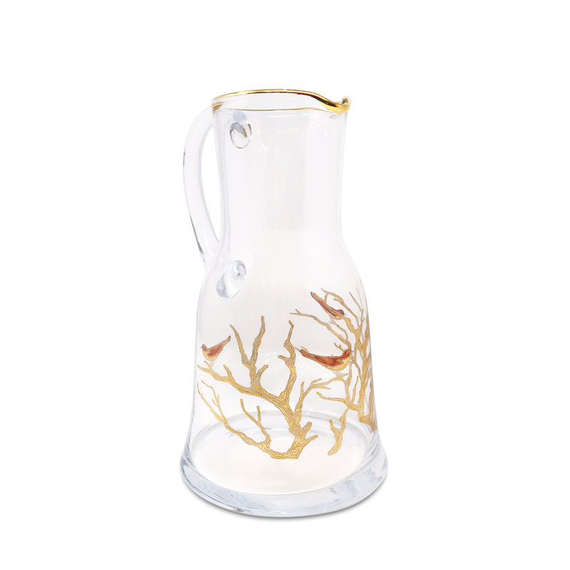 Elegant Clear Glass Pitcher with Gold Bird Design, 51 oz