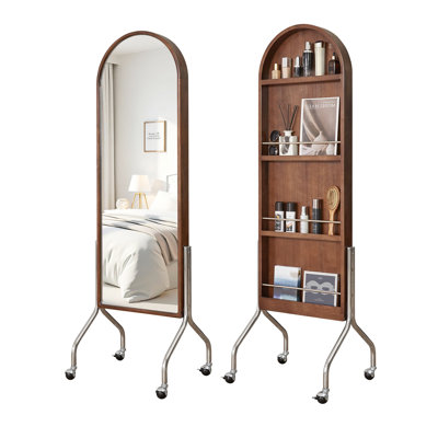 Arched Full Length Mirror with Storage Shelves & Wheels, Rubber Wood Frame Floor Mirror, Freestanding Rolling Mirror with Cart, 2-in-1 Dressing Mirror & Bookcase for Bedroom Living Room