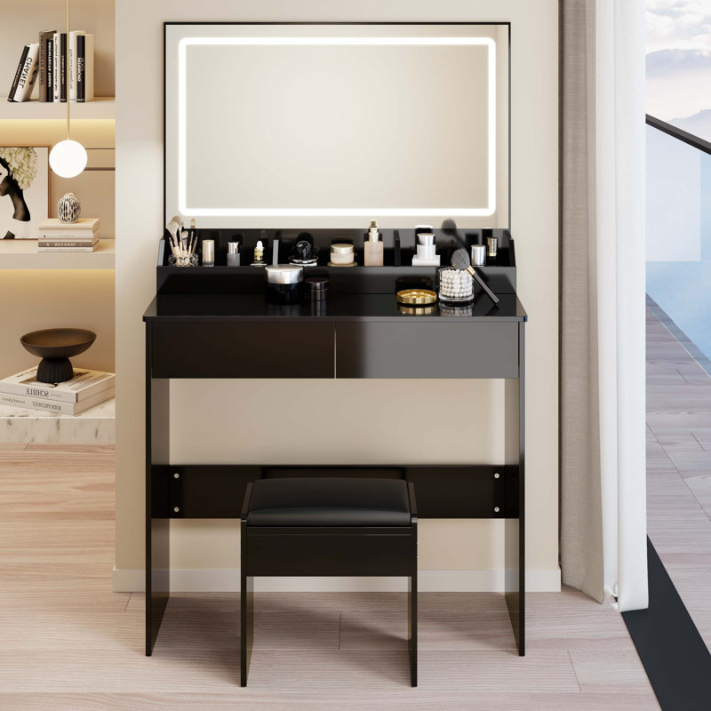 Très grande coiffeuse à miroir à DEL avec contrôle tactile, éclairage réglable, grand espace de rangement et tabouret rembourré assorti pour les espaces compacts.