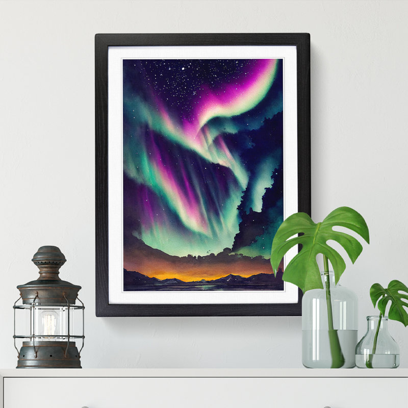 Watercolour Aurora Borealis Vol.2 - Single Picture Frame Painting, 64cm H x 46cm W x 2cm D, Walnut