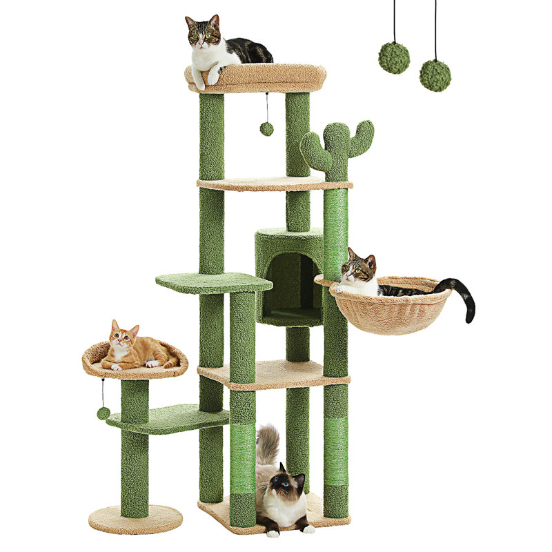 59" Green and Beige Sisal Cactus Cat Tree Tower with Hammock and Perches