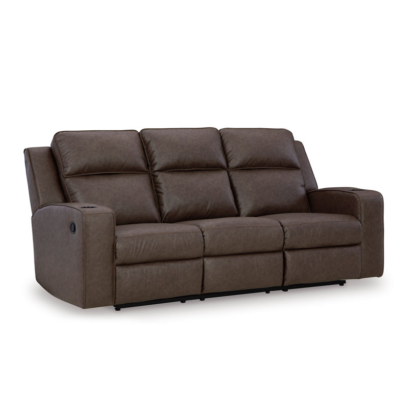 Stockley Reclining Sofa With Drop Down Table, Brown Faux Leather