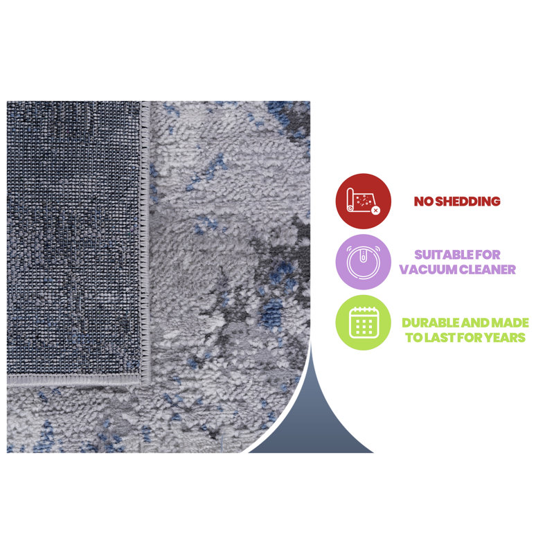 MARFI Collection Vintage Distressed Area Rug - Silver & Blue Abstract Design, Stain Resistant Non-Shedding Machine Washable Runner for Entryway, Living Room & Bedroom