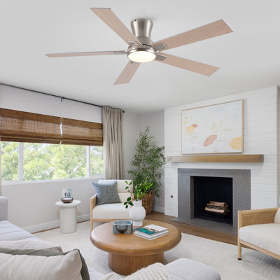 Ventilateur de plafond encastré 52 po en nickel brossé 52 po, ventilateur bicolore réversible à 6 vitesses avec lumière DEL à intensité variable 3CCT avec télécommande et commande murale pour le salon.
