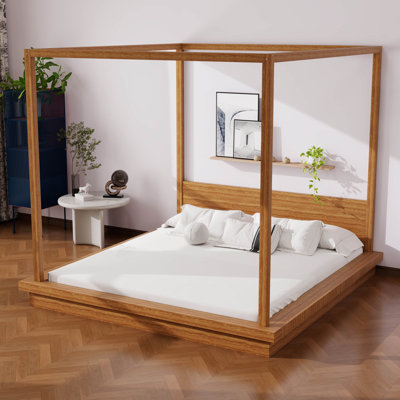 Lit à baldaquin en bois à profil bas avec tête de lit, lit plateforme à baldaquin rustique pour adolescents, adultes