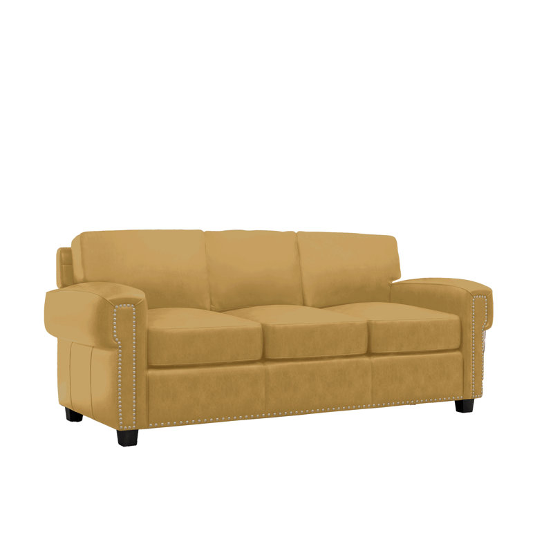  Fardin 87" Genuine Leather Queen Sleeper Sofa, Cream Genuine Leather