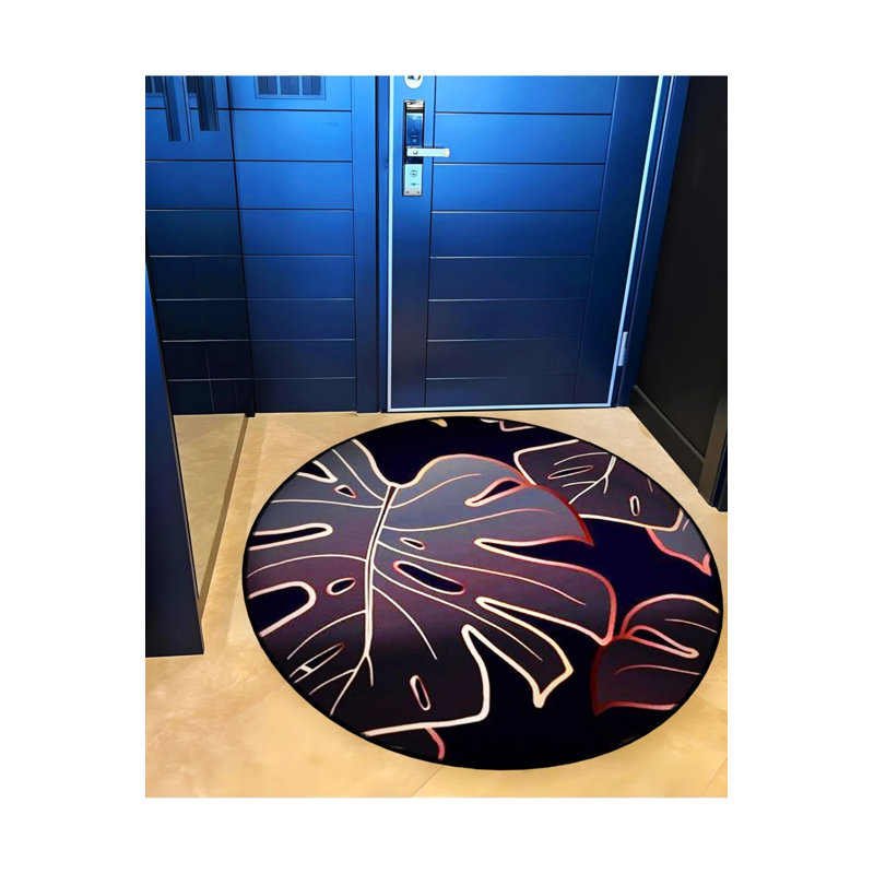 Black Leaf Detailed Woven Base Decorative Carpet, Round 3'4"