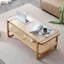 Table basse de style Mid-Century moderne avec plateau en verre nervuré et étagère de rangement en rotin de polyéthylène, table de bout rectangulaire en bois massif Boho pour salon, appartement et petit espace