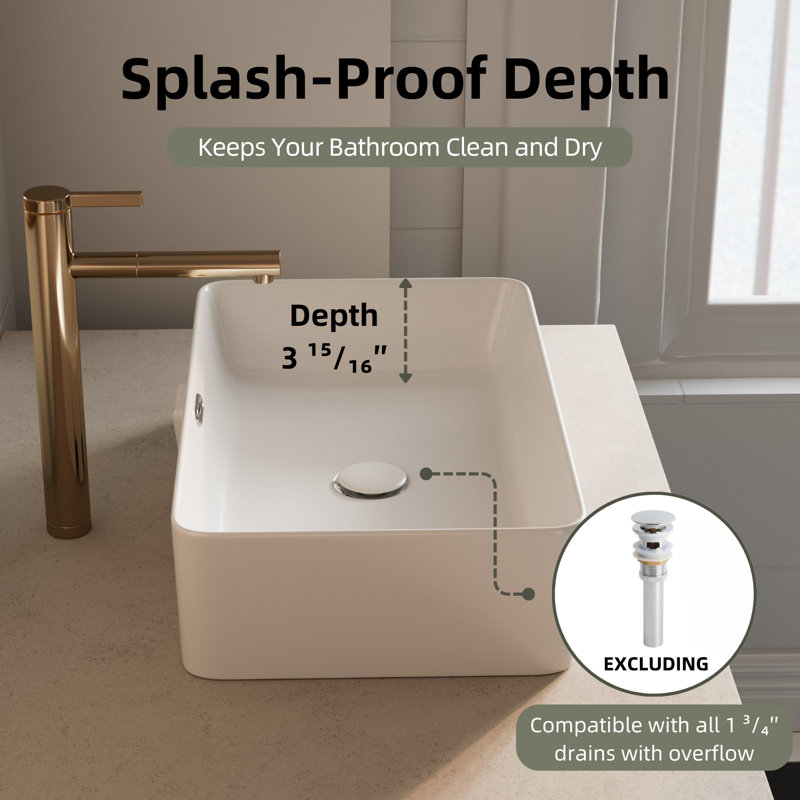 Lavabo vasque rectangulaire avec trop-plein Los Flexi - Céramique blanche au-dessus du comptoir pour les petites salles de bain